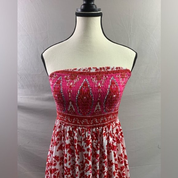 Red/Pink  Boho Floral Print Tube Dress - Picture 9 of 9